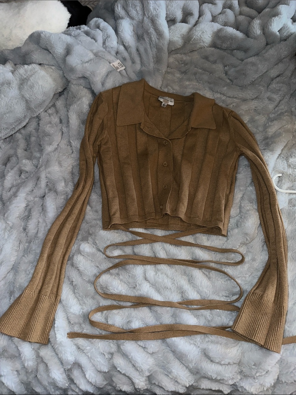 Something Navy Camel Ribbed Wrap Button-Down Top